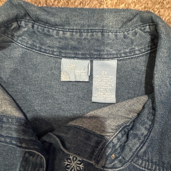 Vintage Y2K Snowflake Denim Shirt Jacket Oversized Winter Novelty - Picture 2 of 2